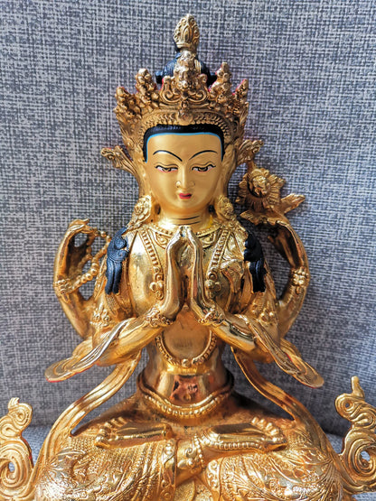 Special Offer # Buddhism Tibet HOME family gilded copper Four-armed Avalokitesvara GUAN YIN Buddha statue safe health good luck