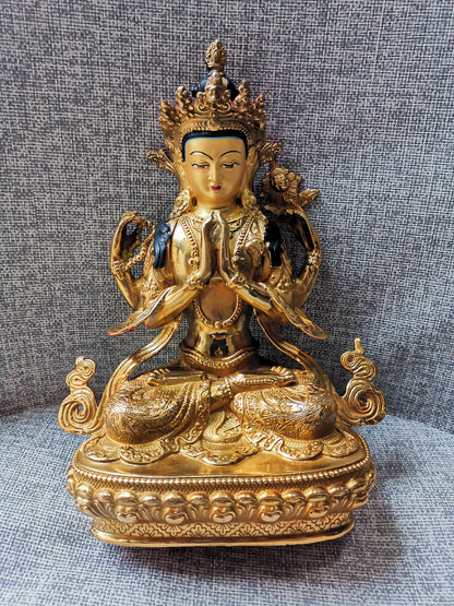 Special Offer # Buddhism Tibet HOME family gilded copper Four-armed Avalokitesvara GUAN YIN Buddha statue safe health good luck