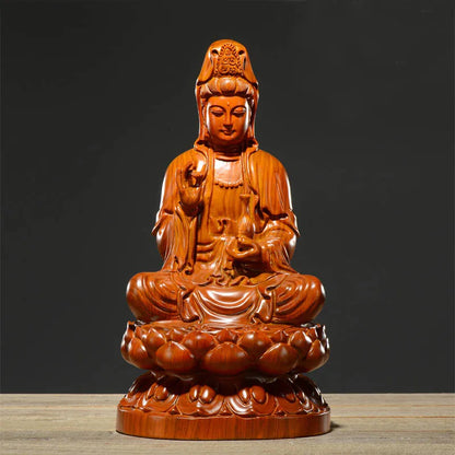 Special Offer--HOME family protection # Handmade Yellow pear wood carving Lotus Guanyin GOOD Buddha statue-15cm tall