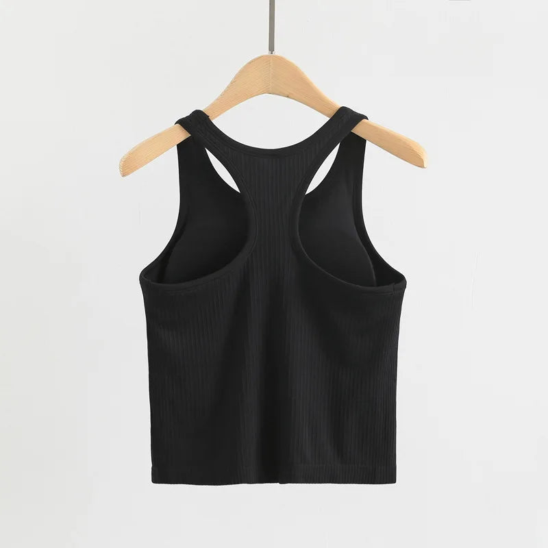 Sporty Bra Women Ribbed Vest Round Neck Athletic Crop Top Elastic Top