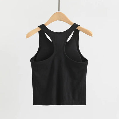 Sporty Bra Women Ribbed Vest Round Neck Athletic Crop Top Elastic Top