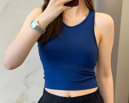 Sporty Bra Women Ribbed Vest Round Neck Athletic Crop Top Elastic Top