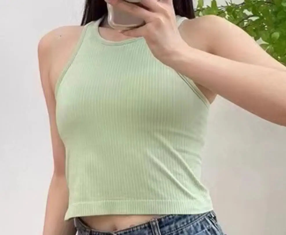 Sporty Bra Women Ribbed Vest Round Neck Athletic Crop Top Elastic Top