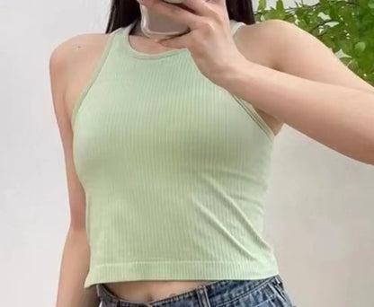 Sporty Bra Women Ribbed Vest Round Neck Athletic Crop Top Elastic Top