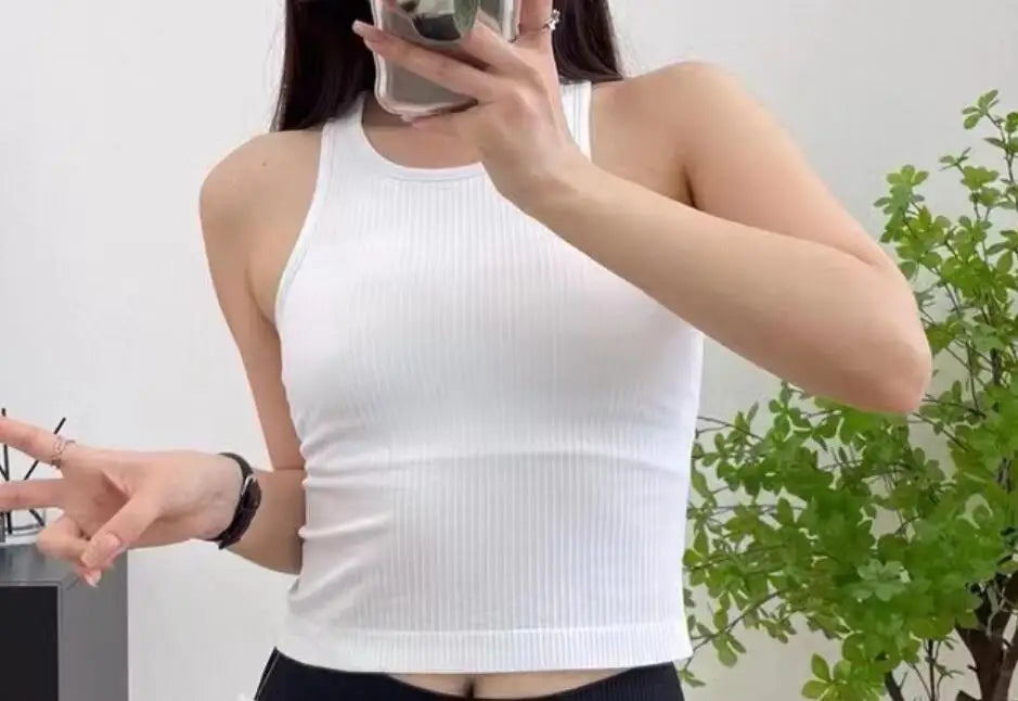 Sporty Bra Women Ribbed Vest Round Neck Athletic Crop Top Elastic Top
