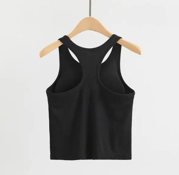 Sporty Bra Women Ribbed Vest Round Neck Athletic Crop Top Elastic Top