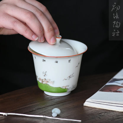 Spray at the beginning of the jingdezhen hand-painted horseshoe tureen kung fu tea tea art ceramic cups tea bowls