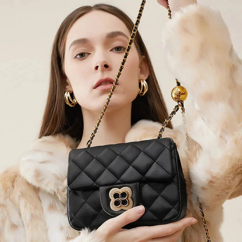 Spring New Rhombus Women's Genuine Leather Luxury Gold Ball Chain Underarm Shoulder Messenger Small Square Bag