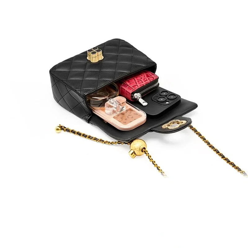 Spring New Rhombus Women's Genuine Leather Luxury Gold Ball Chain Underarm Shoulder Messenger Small Square Bag