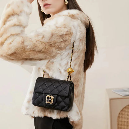 Spring New Rhombus Women's Genuine Leather Luxury Gold Ball Chain Underarm Shoulder Messenger Small Square Bag