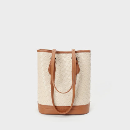 Spring New Style Genuine Leather Contrasting Color Woven Large-capacity One-shoulder Bucket Tote Bag for Ladies and Mature Women