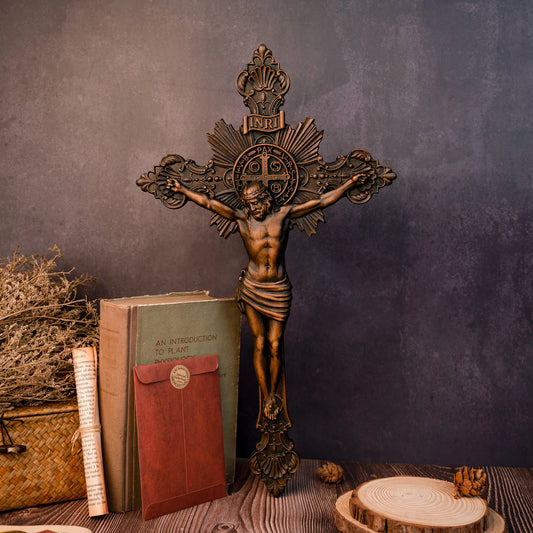 St. Benedict Exorcism Cross Wood Carving, Catholic Icon Statue, Wooden Cross Baptismal Decorative Craftsmanship, Religious Gift