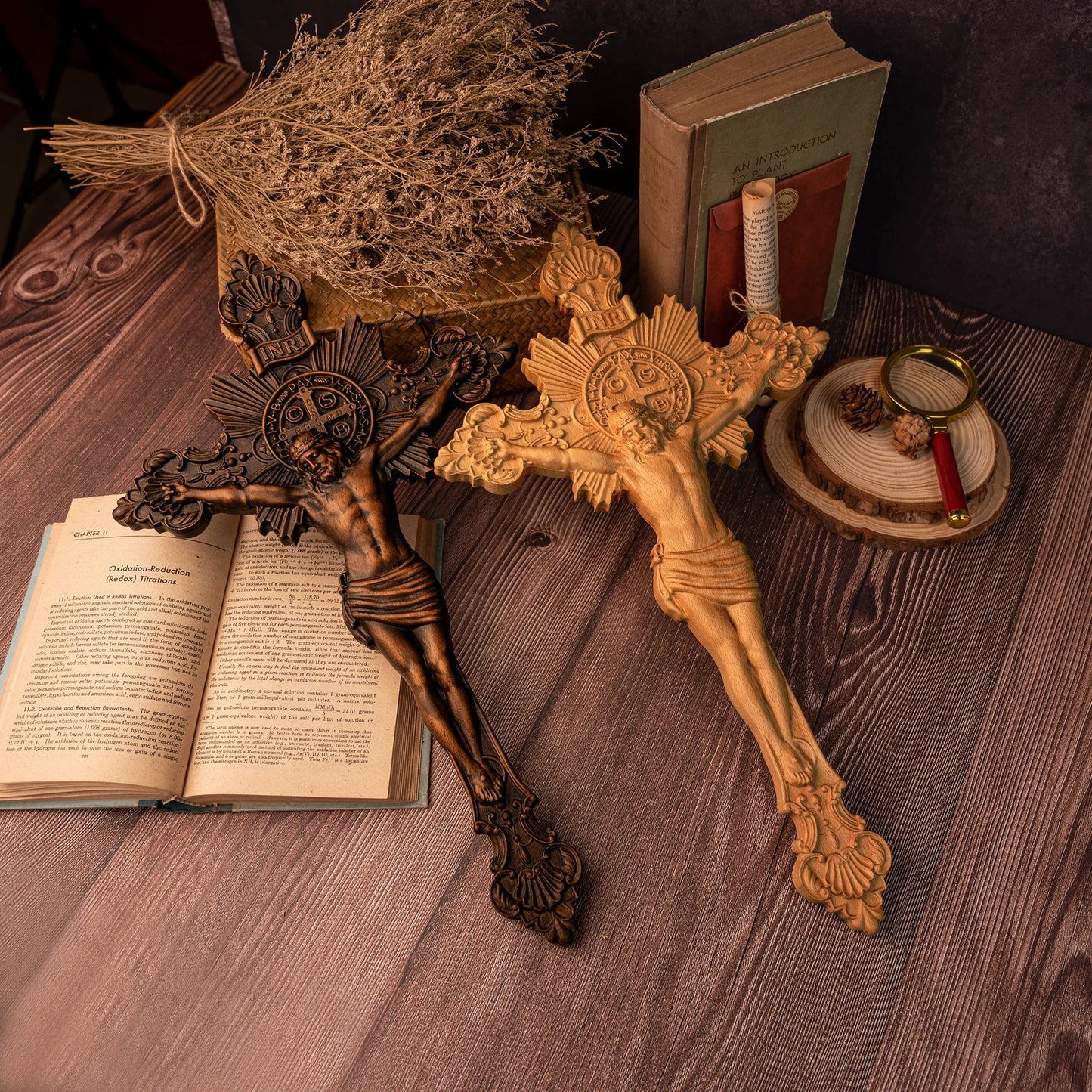 St. Benedict Exorcism Cross Wood Carving, Catholic Icon Statue, Wooden Cross Baptismal Decorative Craftsmanship, Religious Gift