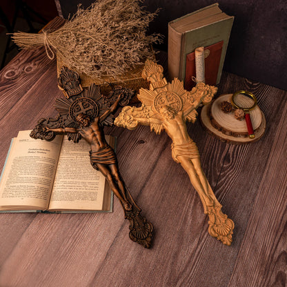 St. Benedict Exorcism Cross Wood Carving, Catholic Icon Statue, Wooden Cross Baptismal Decorative Craftsmanship, Religious Gift