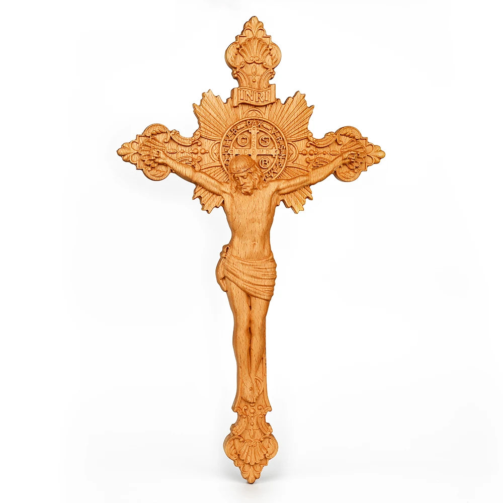 St. Benedict Exorcism Cross Wood Carving, Catholic Icon Statue, Wooden Cross Baptismal Decorative Craftsmanship, Religious Gift