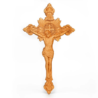 St. Benedict Exorcism Cross Wood Carving, Catholic Icon Statue, Wooden Cross Baptismal Decorative Craftsmanship, Religious Gift