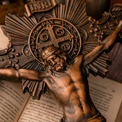 St. Benedict Exorcism Cross Wood Carving, Catholic Icon Statue, Wooden Cross Baptismal Decorative Craftsmanship, Religious Gift