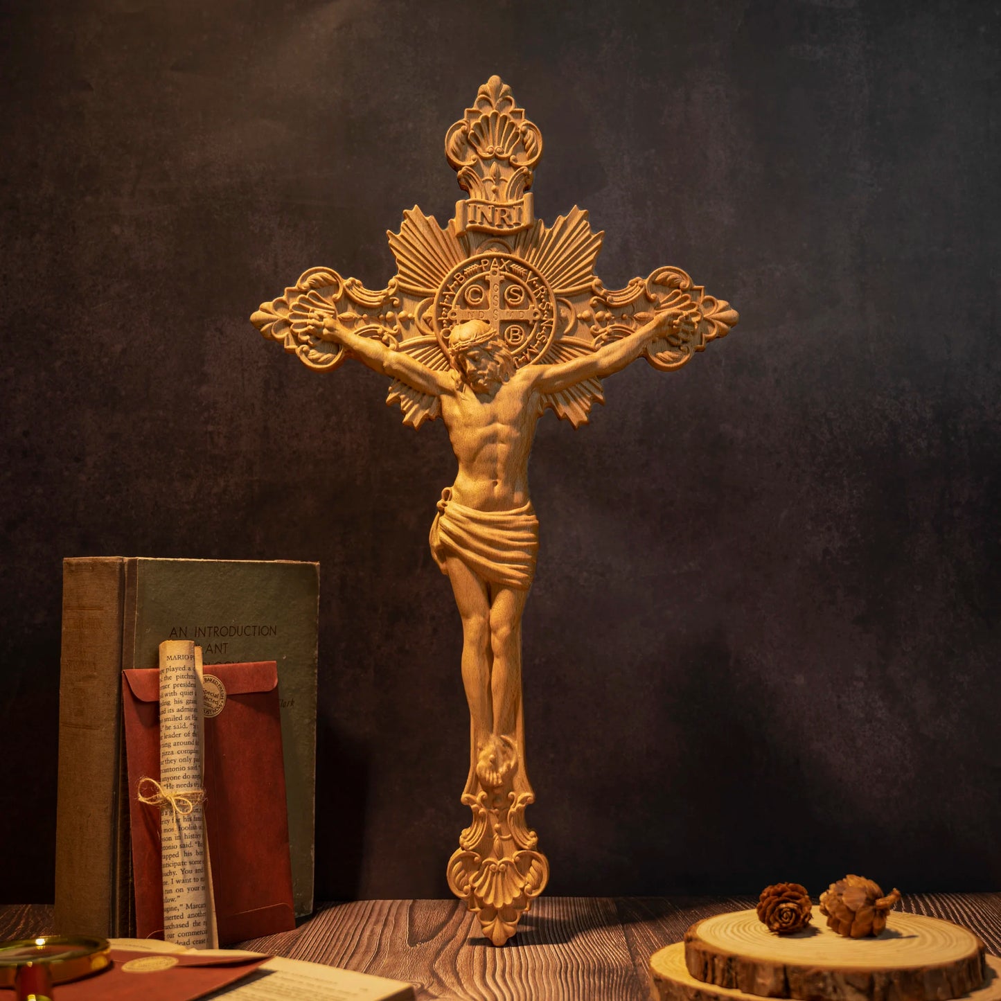 St. Benedict Exorcism Cross Wood Carving, Catholic Icon Statue, Wooden Cross Baptismal Decorative Craftsmanship, Religious Gift