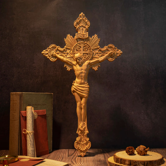 St. Benedict Exorcism Cross Wood Carving, Catholic Icon Statue, Wooden Cross Baptismal Decorative Craftsmanship, Religious Gift