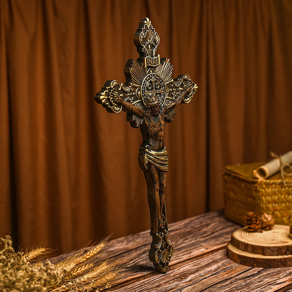 St. Benedict Exorcism Cross Wood Carving, Catholic Icon Statue, Wooden Cross Baptismal Decorative Craftsmanship, Religious Gift