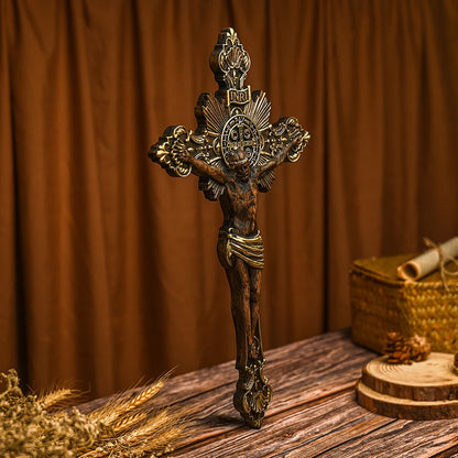 St. Benedict Exorcism Cross Wood Carving, Catholic Icon Statue, Wooden Cross Baptismal Decorative Craftsmanship, Religious Gift