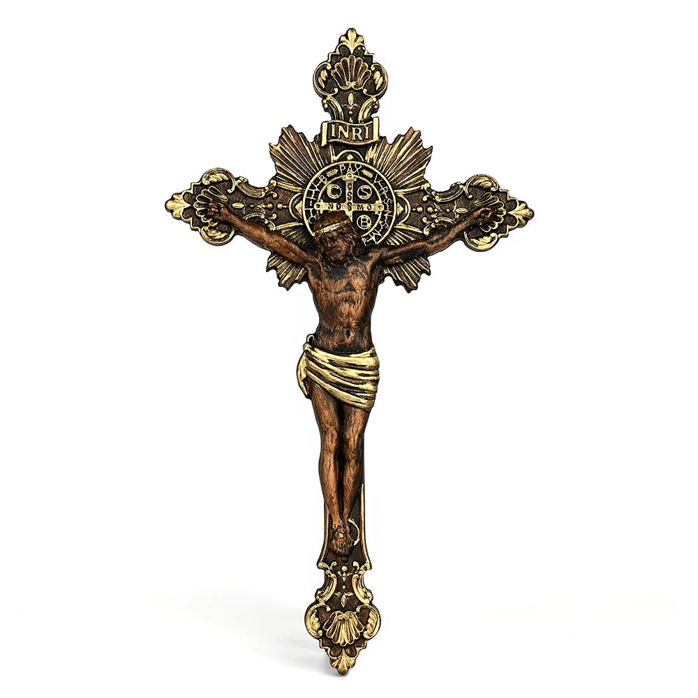 St. Benedict Exorcism Cross Wood Carving, Catholic Icon Statue, Wooden Cross Baptismal Decorative Craftsmanship, Religious Gift