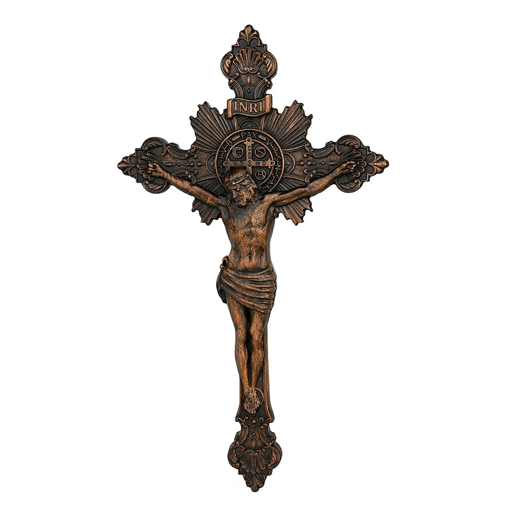 St. Benedict Exorcism Cross Wood Carving, Catholic Icon Statue, Wooden Cross Baptismal Decorative Craftsmanship, Religious Gift