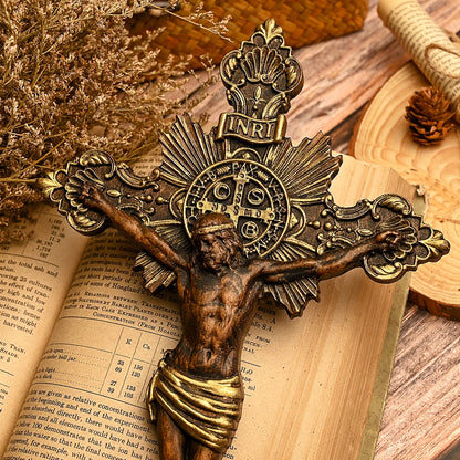 St. Benedict Exorcism Cross Wood Carving, Catholic Icon Statue, Wooden Cross Baptismal Decorative Craftsmanship, Religious Gift