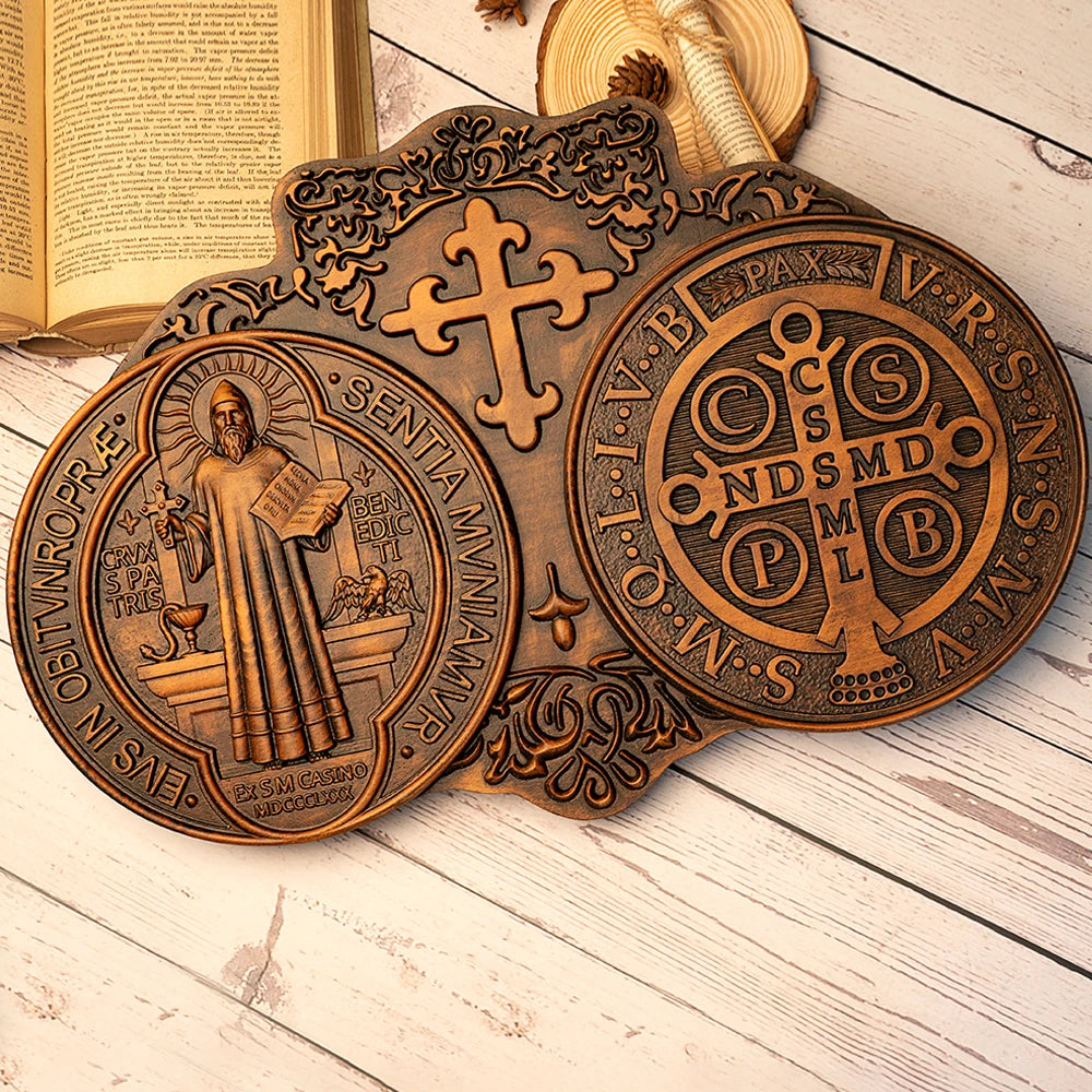 St. Benedict's Exorcism Medal Holy Plaque Catholic Christian Wood Carving Religious Plaque Personalized Baptism Wall Decor Gift