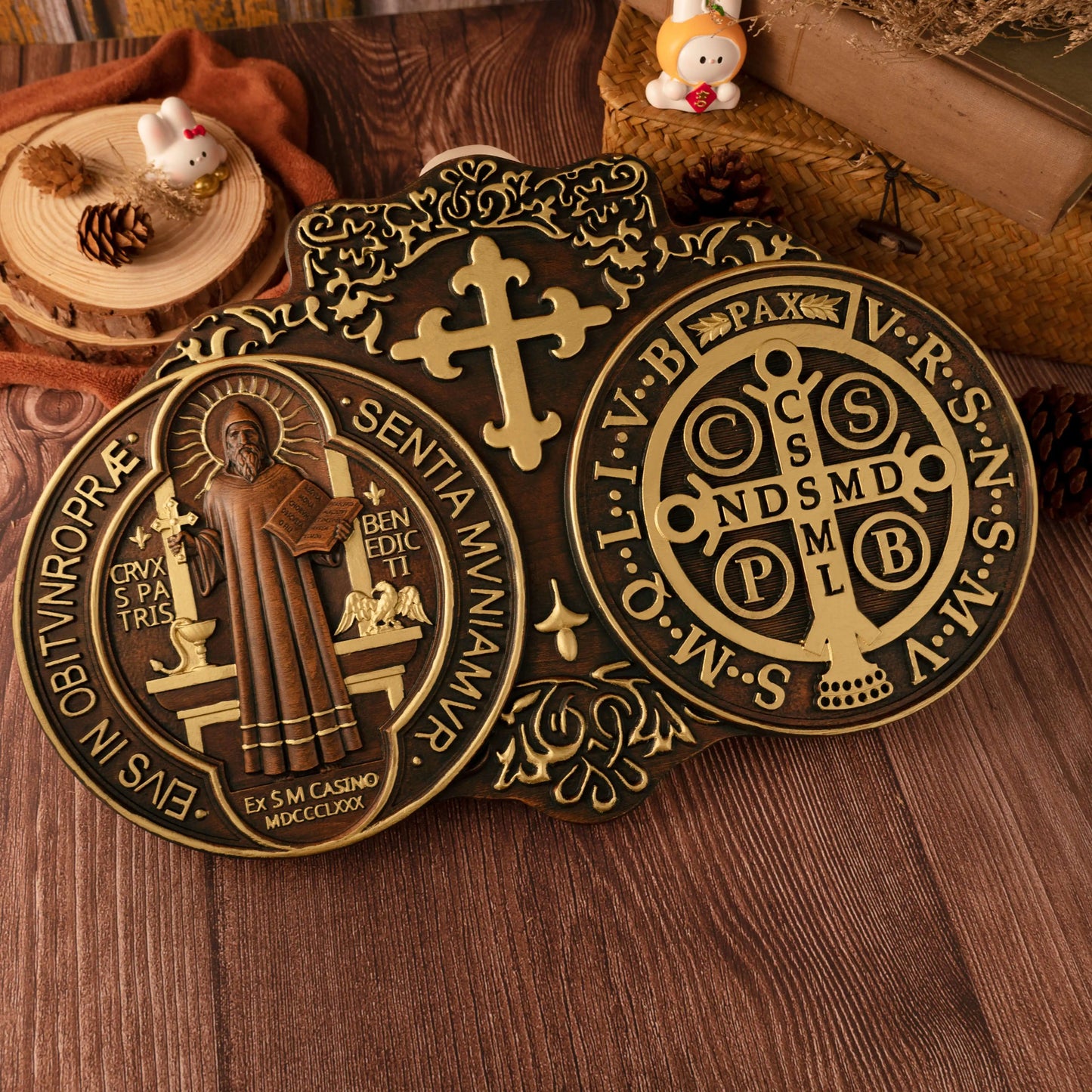St. Benedict's Exorcism Medal Holy Plaque Catholic Christian Wood Carving Religious Plaque Personalized Baptism Wall Decor Gift