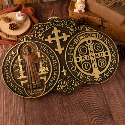 St. Benedict's Exorcism Medal Holy Plaque Catholic Christian Wood Carving Religious Plaque Personalized Baptism Wall Decor Gift