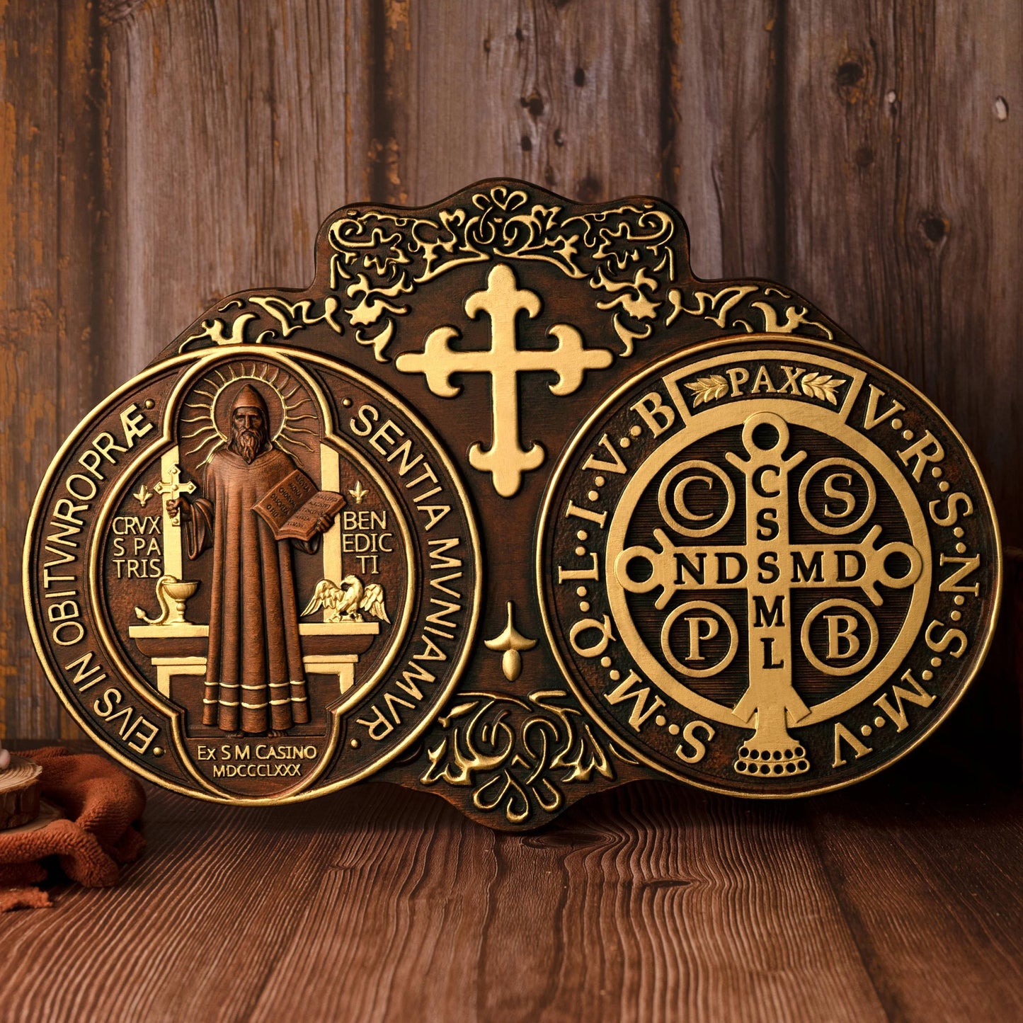 St. Benedict's Exorcism Medal Holy Plaque Catholic Christian Wood Carving Religious Plaque Personalized Baptism Wall Decor Gift