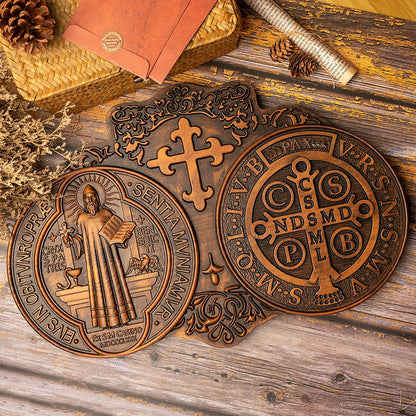 St. Benedict's Exorcism Medal Holy Plaque Catholic Christian Wood Carving Religious Plaque Personalized Baptism Wall Decor Gift