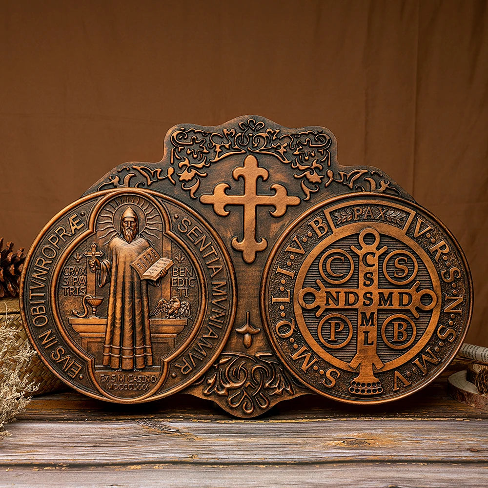 St. Benedict's Exorcism Medal Holy Plaque Catholic Christian Wood Carving Religious Plaque Personalized Baptism Wall Decor Gift