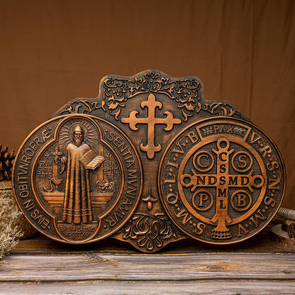 St. Benedict's Exorcism Medal Holy Plaque Catholic Christian Wood Carving Religious Plaque Personalized Baptism Wall Decor Gift