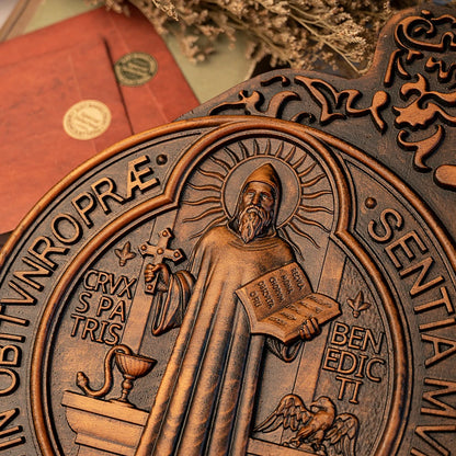 St. Benedict's Exorcism Medal Holy Plaque Catholic Christian Wood Carving Religious Plaque Personalized Baptism Wall Decor Gift