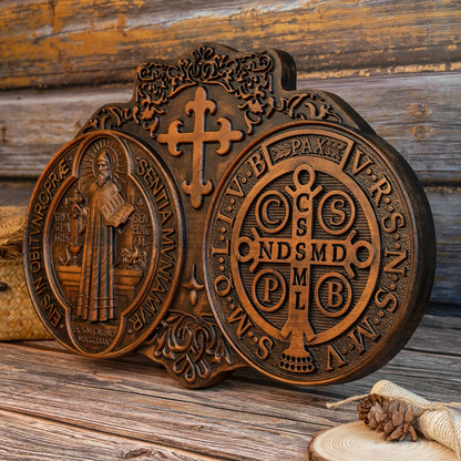 St. Benedict's Exorcism Medal Holy Plaque Catholic Christian Wood Carving Religious Plaque Personalized Baptism Wall Decor Gift
