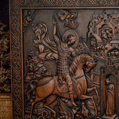 St. George and the Dragon Wood Carving Religious Wall Decoration Solid Wood Carving Ornament Christian Men's Gift