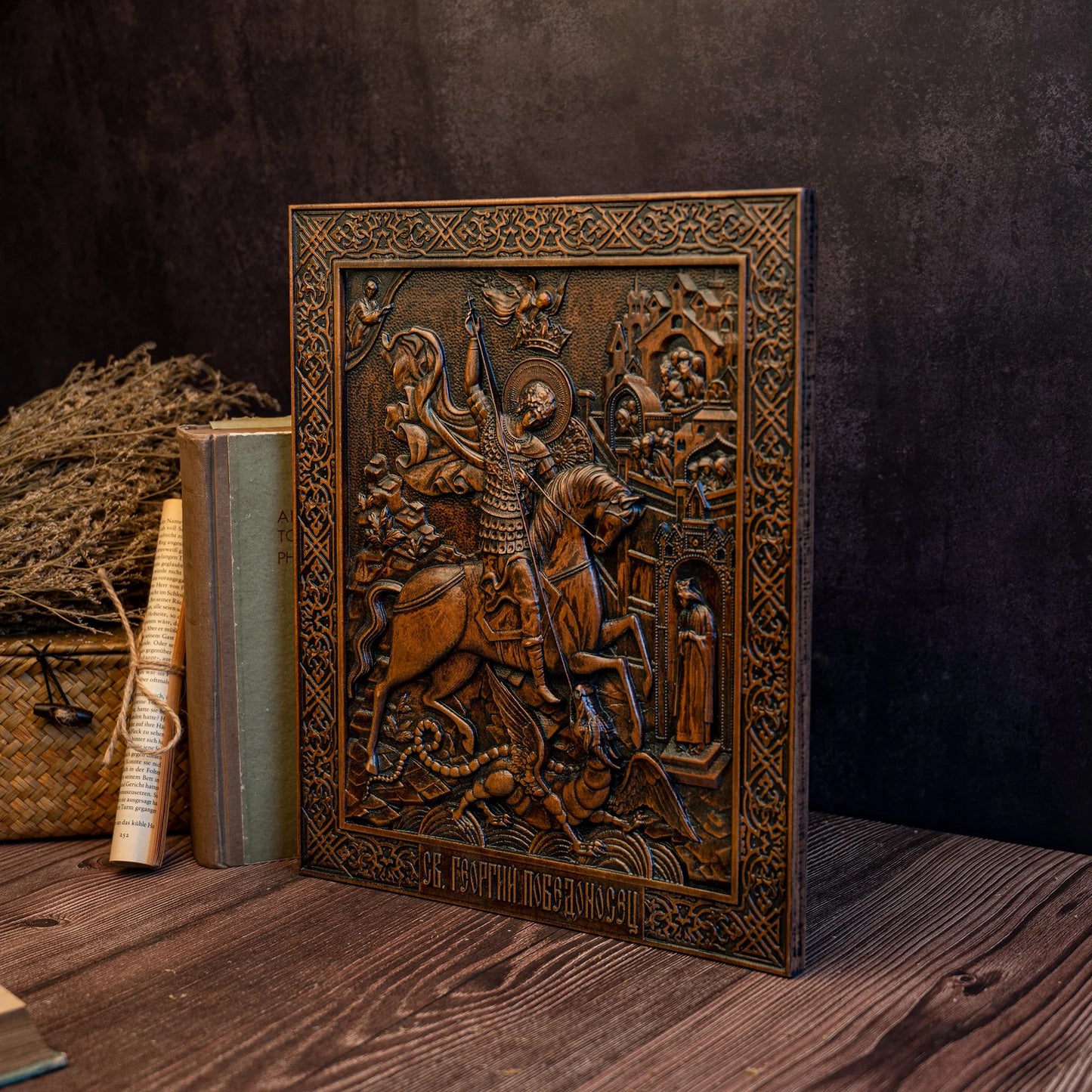 St. George and the Dragon Wood Carving Religious Wall Decoration Solid Wood Carving Ornament Christian Men's Gift