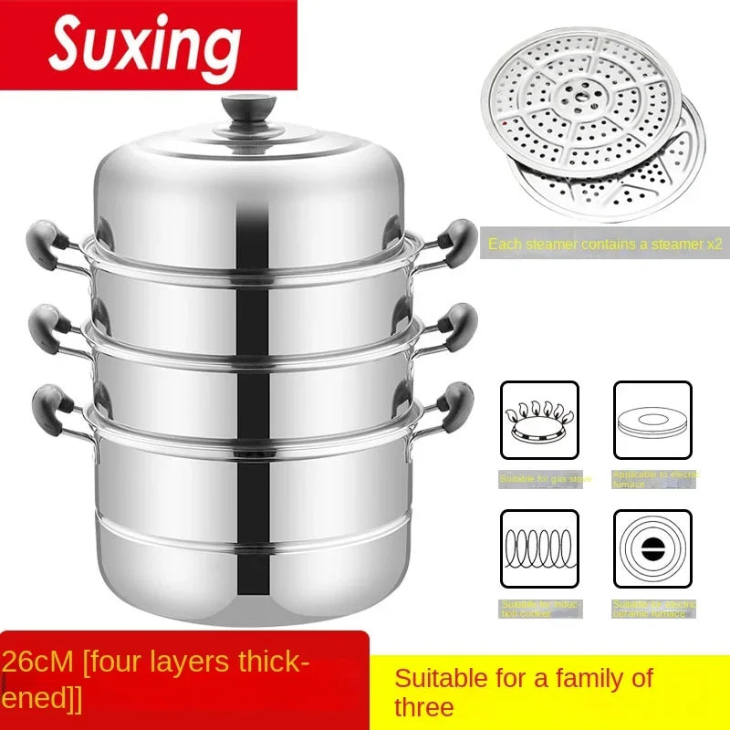 Stainless Steamer Three-Layer Steamed Bread Steamer Thickened Two-Layer Household Small Gas Stove Pot  with Cover Single Bottom
