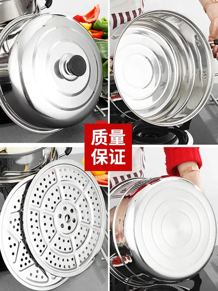 Stainless Steamer Three-Layer Steamed Bread Steamer Thickened Two-Layer Household Small Gas Stove Pot  with Cover Single Bottom