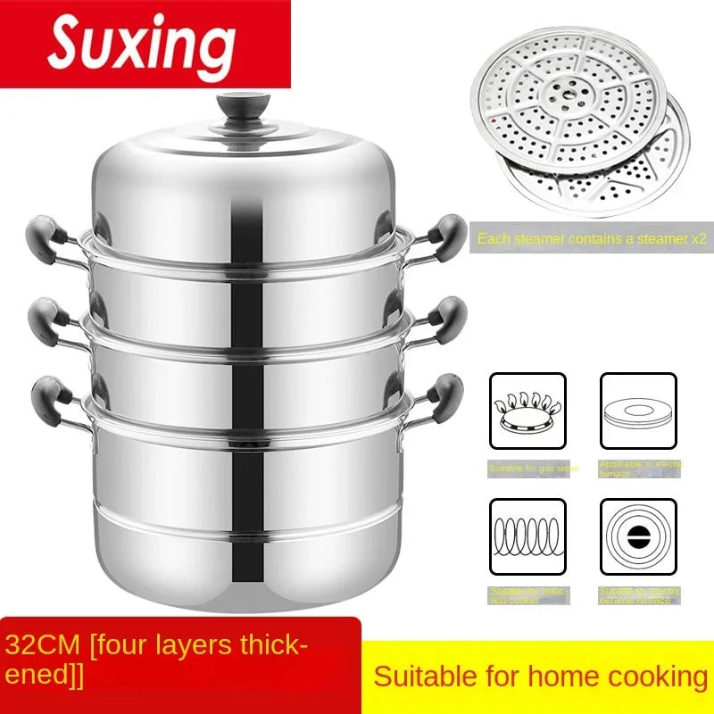Stainless Steamer Three-Layer Steamed Bread Steamer Thickened Two-Layer Household Small Gas Stove Pot  with Cover Single Bottom