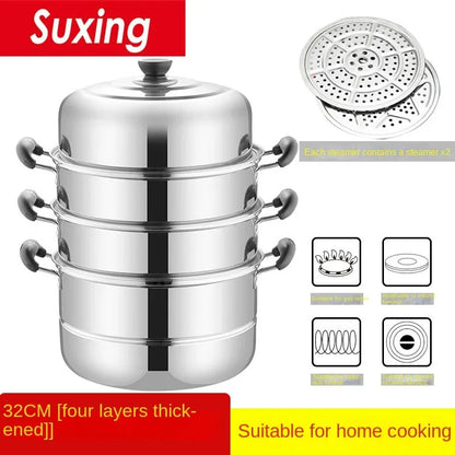 Stainless Steamer Three-Layer Steamed Bread Steamer Thickened Two-Layer Household Small Gas Stove Pot  with Cover Single Bottom