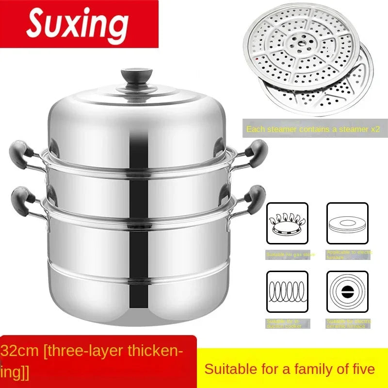 Stainless Steamer Three-Layer Steamed Bread Steamer Thickened Two-Layer Household Small Gas Stove Pot  with Cover Single Bottom