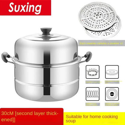 Stainless Steamer Three-Layer Steamed Bread Steamer Thickened Two-Layer Household Small Gas Stove Pot  with Cover Single Bottom