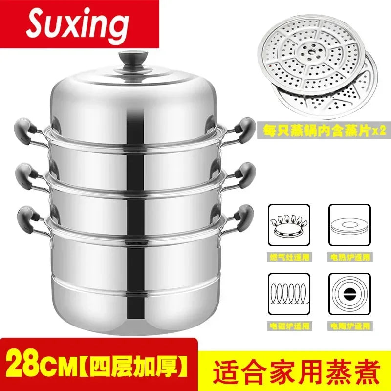 Stainless Steamer Three-Layer Steamed Bread Steamer Thickened Two-Layer Household Small Gas Stove Pot  with Cover Single Bottom