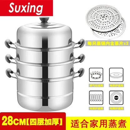 Stainless Steamer Three-Layer Steamed Bread Steamer Thickened Two-Layer Household Small Gas Stove Pot  with Cover Single Bottom