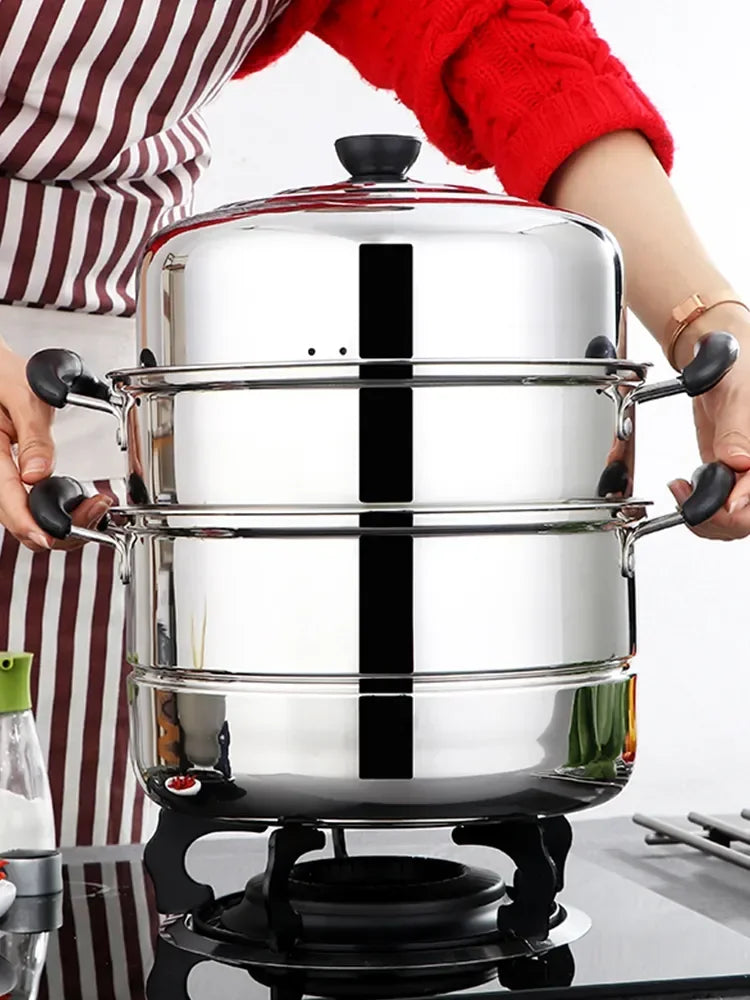 Stainless Steamer Three-Layer Steamed Bread Steamer Thickened Two-Layer Household Small Gas Stove Pot  with Cover Single Bottom