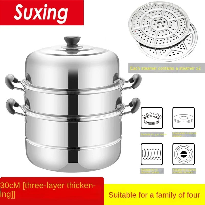 Stainless Steamer Three-Layer Steamed Bread Steamer Thickened Two-Layer Household Small Gas Stove Pot  with Cover Single Bottom