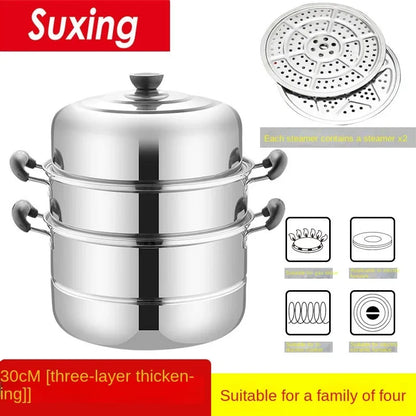 Stainless Steamer Three-Layer Steamed Bread Steamer Thickened Two-Layer Household Small Gas Stove Pot  with Cover Single Bottom